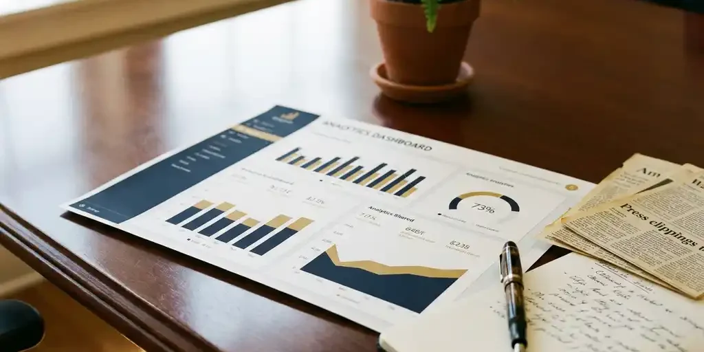 analyse-dashboard-campagne-notities-goud.jpg Analytisch dashboard op vergadertafel met vulpen, handgeschreven campagnenotities en persknipsels in warm natuurlijk licht.