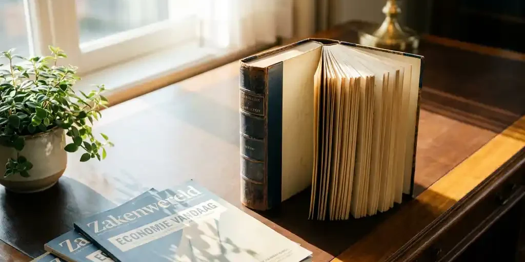 boek-bureau-zakelijk-plant-licht.jpg Opengeslagen hardcover boek op een bureau naast Nederlandse zakenbladen en een groene plant, warm ochtendlicht met navy en gouden tinten.