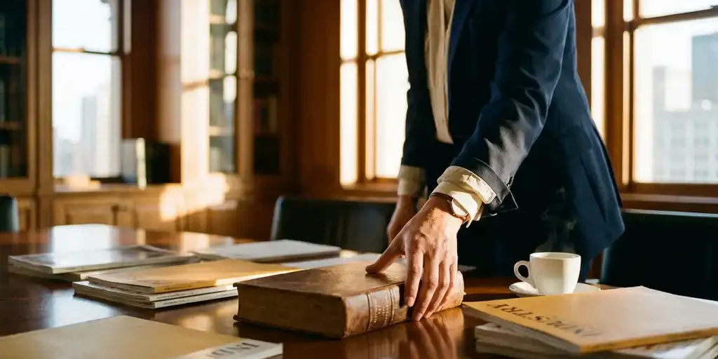 vakkennis-professional-boek-vergadertafel-kantoor.jpg Professional legt een versleten hardcoverboek op een vergadertafel met vaktijdschriften en espresso, warm middaglicht.