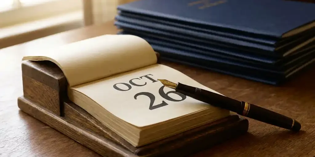 bureau-kalender-vulpen-persmappen-kantoor.jpg Eiken bureaukalender met herhaalde datumpagina's en een vulpen, stapel perssmappen op de achtergrond, warm goudkleurig raamlicht.