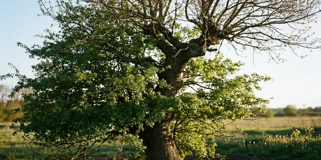 eikenboom-vroege-lente-ochtendlicht.jpg Eikenboom in vroeg voorjaar met groene onderste takken en kale bovenste takken in warm ochtendlicht.