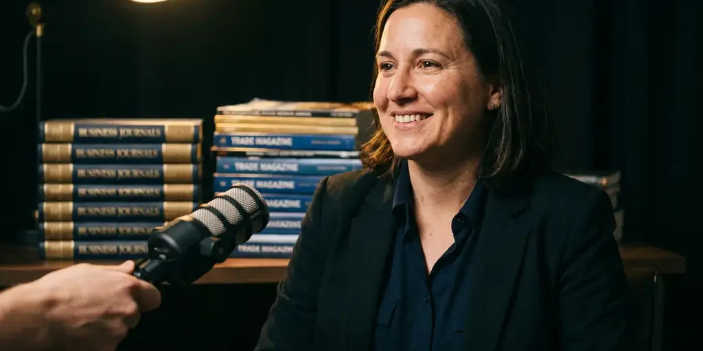 expert-interview-magazine-spotlight-zakelijk.jpg Zelfverzekerde professional tijdens studio-interview met microfoon, omringd door vage stapels vakbladen, warme gouden en marineblauw tinten.