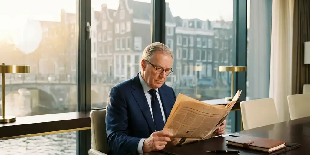 Financieel professional leest krant aan mahonie bureau met uitzicht op Amsterdamse grachten in warm ochtendlicht.
