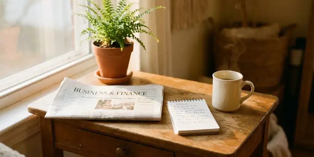 Houten bureau met potplant, opengeslagen zakenkrant, handgeschreven notitieboekje en keramische koffiemok in warm ochtendlicht.