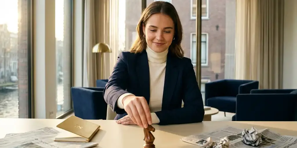 schaakstuk-oprichter-modern-kantoor-strategie.jpg Jonge oprichter plaatst een schaakstuk op een modern bureau met persknipsels en notitieboek, kantoor met vloer-tot-plafondvensters in Amsterdam.