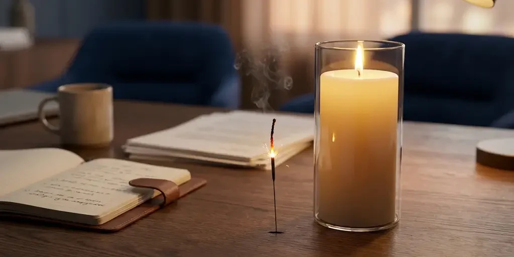 kaars-sparkler-strategie-kantoor-amsterdam.jpg Uitdovende sterretjesvuurpijl naast een brandende kaars op donker eiken bureau in minimalistisch Amsterdams kantoor met leren notitieboek.