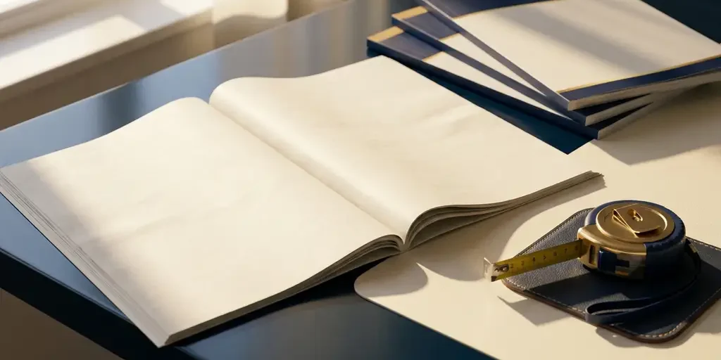 krant-magazines-bureau-waarde-meten.jpg Opengeslagen krant op modern bureau naast zakelijke tijdschriften en een meetlint, in marineblauw en crème tinten met gouden accenten.