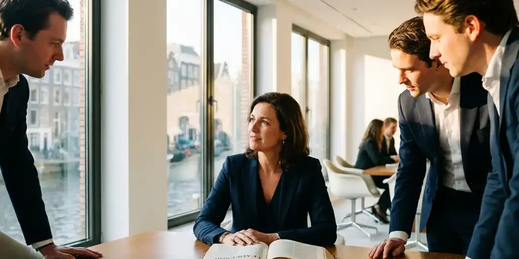 leiderschap-boardroom-amsterdam-professional.jpg Zelfverzekerde professional aan een vergadertafel met een open boek, omringd door collega's in een modern Amsterdams kantoor met gouden licht.