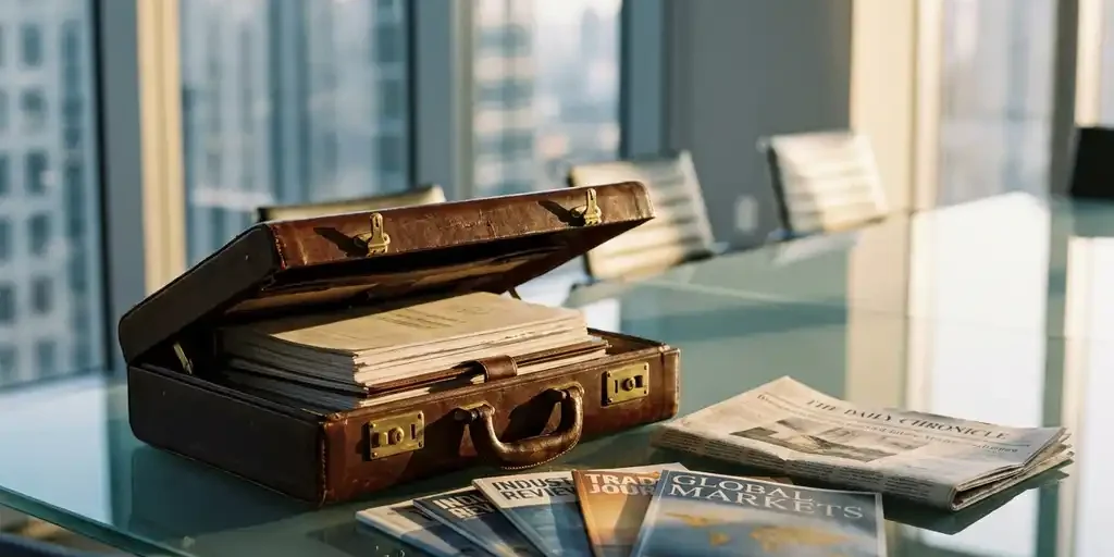 Open leren aktetas op glazen vergadertafel, omringd door vakbladen en een krant in warm middaglicht.