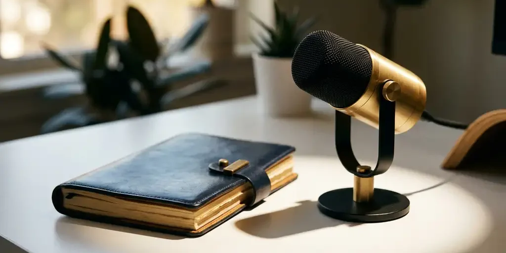 dagboek-microfoon-schrijven-podcast.jpg Opengeslagen leren notitieboek naast een moderne microfoon op wit bureau, verlicht met dramatisch directioneel licht in marineblauw en ivoorwitte tinten.