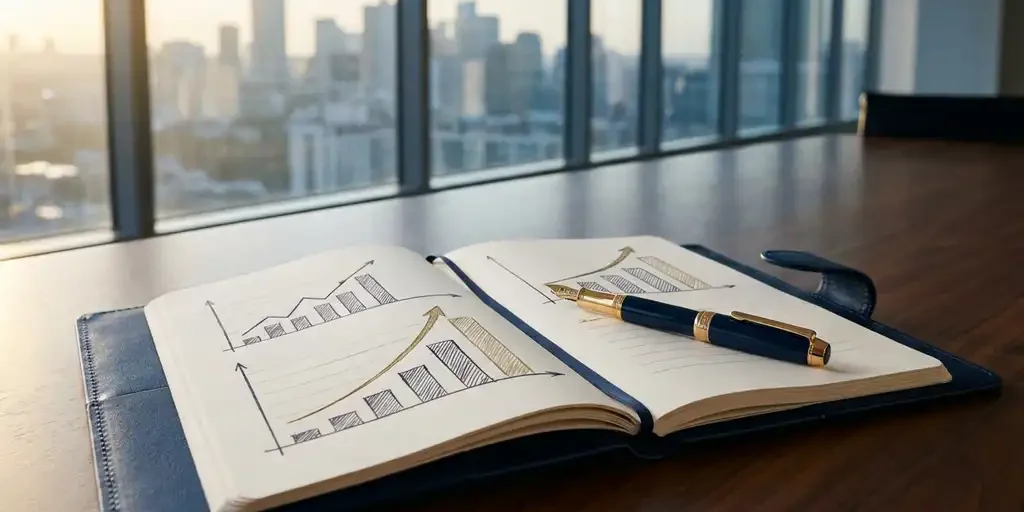 notitieboek-groeigrafiek-vergadertafel-zakelijk.jpg Opengeslagen leren notitieboek met handgetekende groeicurven en vulpen op vergadertafel, met stadssilhouet op de achtergrond.