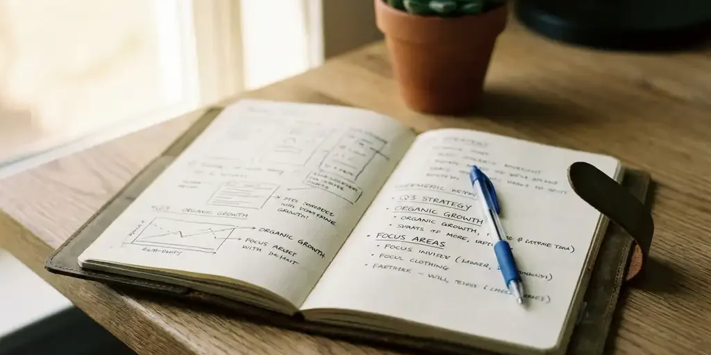 notitieboek-strategie-bureau-leer-groei.jpg Versleten leren notitieboek open op een eikenhouten bureau met strategische handgeschreven notities en een balpen.