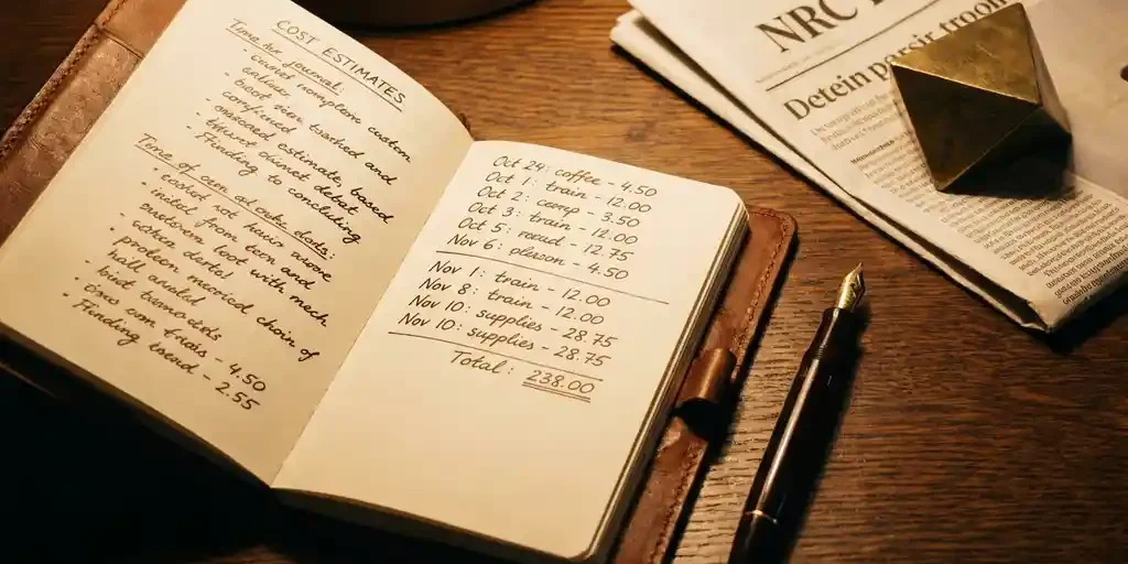 notitieboek-kosten-schrijven-bureau-pen.jpg Opengeslagen leren notitieboek met handgeschreven kostencijfers en vulpen op donker eiken bureau met Nederlandse krant.