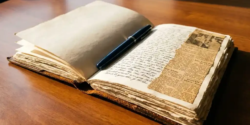Versleten leren dagboek open op een vergadertafel met handgeschreven notities en krantenknipsels, vulpen diagonaal op de rug, warm ochtendlicht.