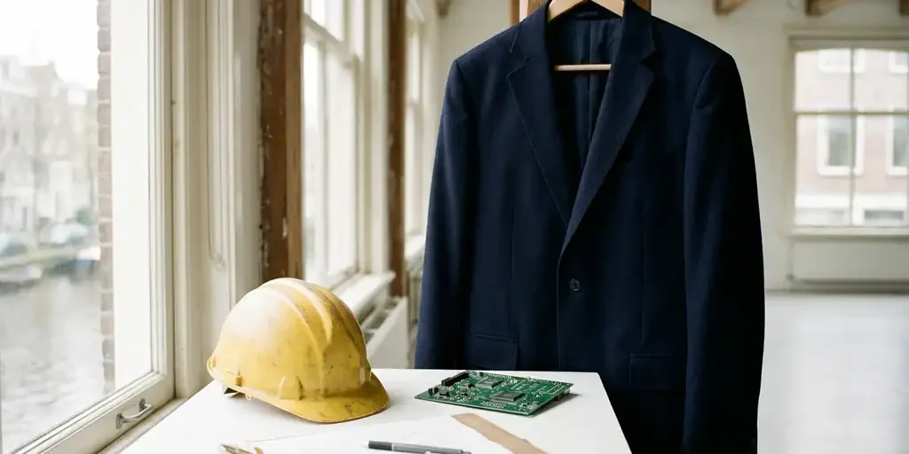 pak-jasje-sector-expertise-accessoires.jpg Maatpak jasje op een rek naast een bouwhelm, medisch klembord en printplaat op wit oppervlak in Amsterdam studio.