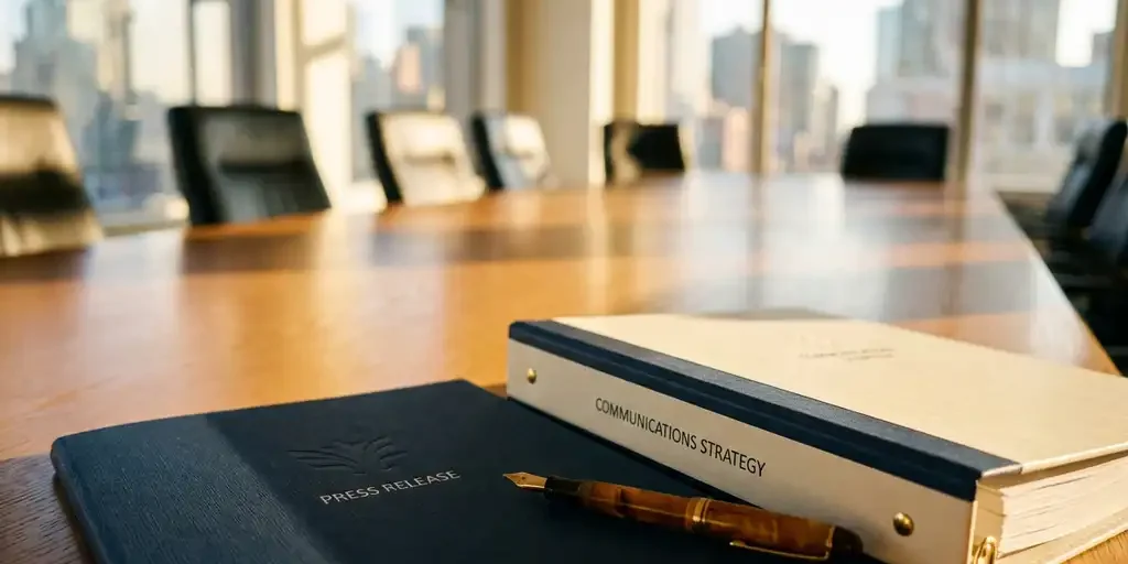 Persbericht map en communicatiestrategie binder op eikenhouten vergadertafel, vulpen erover, warm middaglicht.