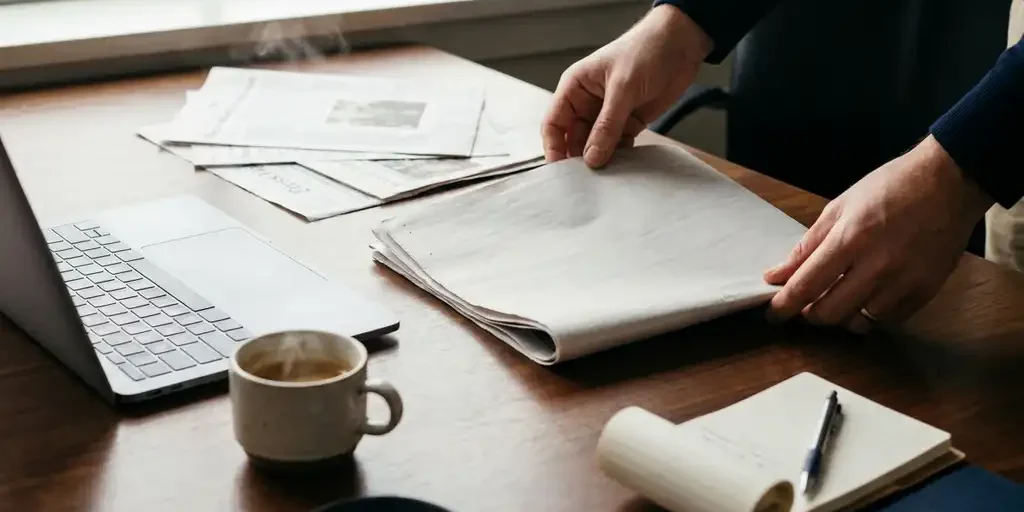 PR-professional rangschikt gevouwen krant naast laptop en espresso op vergadertafel, met persknipsels en notitieboekje in zacht ochtendlicht.