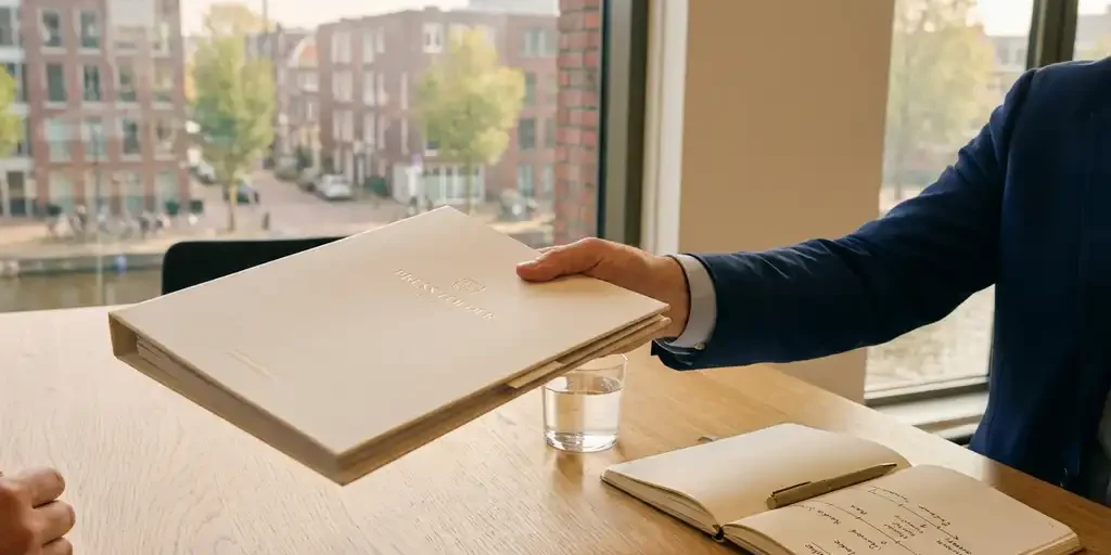 persbericht-overhandigen-zakelijk-kantoor.jpg Zakenman overhandigt georganiseerde persmap aan partner over eikenhouten bureau, met strategische tijdlijn in notitieboek, Amsterdams kantoor op achtergrond.