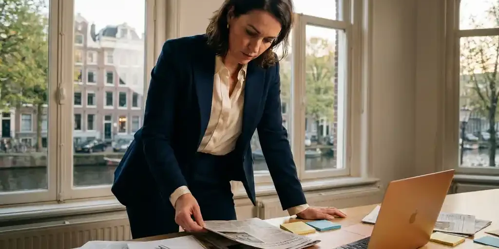 persberichten-bureau-professional-laptop-kantoor.jpg Zakenman in maatpak bestudeert bureau vol persknipsels, plakbriefjes en notitieboek in modern Amsterdams kantoor met groot raam.