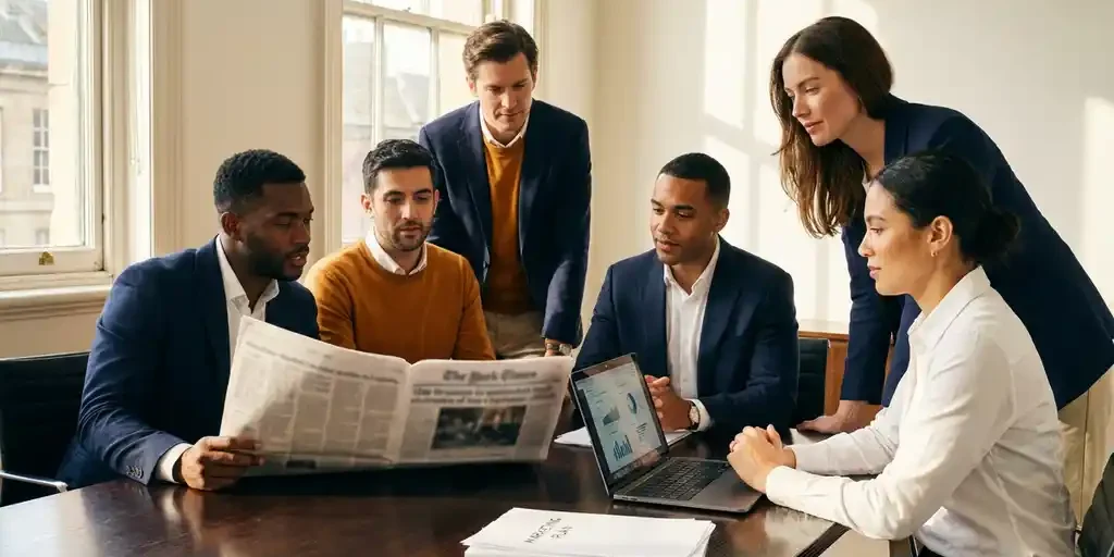 Scale-upteam rond vergadertafel met opengeslagen krant, persknipsels en strategisch marketingplan naast laptop.