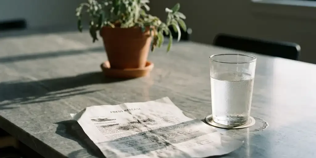 Verfrommeld persbericht op een vergadertafel met condensatievlekken van een waterglas en een verwelkende plant op de achtergrond.