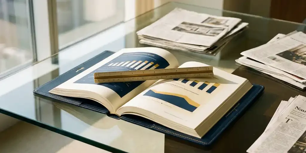 Premium PR-dashboard rapport open op glazen bureau met persknipsels, liniaal en mediadekkingsgrafieken in marineblauw en goud.