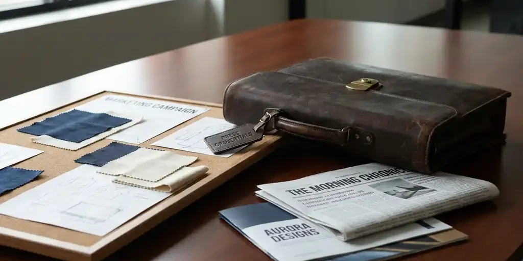 Vintage leren aktetas met persaccreditatie naast een marketingmoodboard, krant en productbrochure op een conferentietafel.
