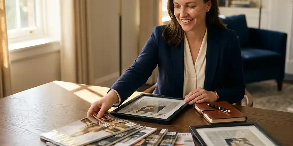 pr-strategie-tijdschriften-persknipsels-bureau.jpg PR-strateeg spreidt tijdschriften en persknipsels uit op een eiken bureau met notitieboek en pen in warm licht.