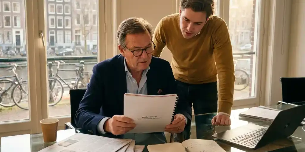 pr-strategie-media-professionals-amsterdam.jpg Twee PR-professionals bespreken een mediastrategie aan een glazen bureau, omringd door persknipsels, in een modern Amsterdams kantoor met middagzon.