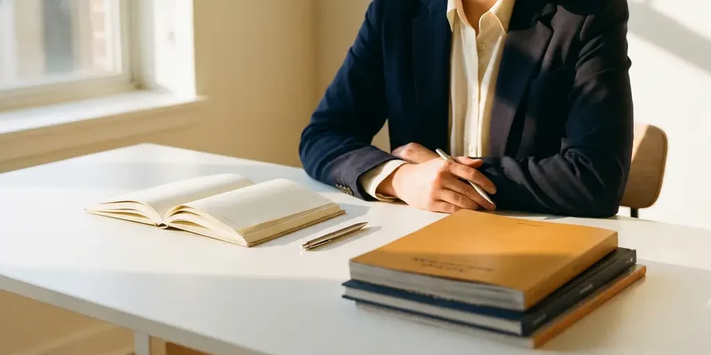 Zelfverzekerde professional aan minimalistisch bureau met open boek, pen en vakbladen in warm goudkleurig licht.
