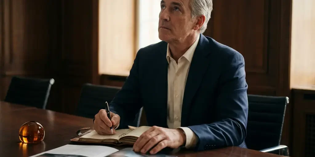 zakelijke-professional-notitieboek-vergadering.jpg Zakenman in maatpak schrijft in leren notitieboek aan vergadertafel, ongeöpende brochure ernaast, warm redactioneel licht.
