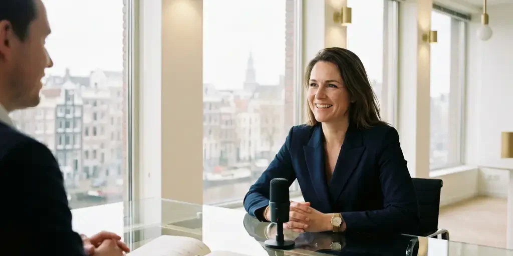 professioneel-interview-amsterdam-kantoor-daglicht.jpg Professional geïnterviewd aan glazen tafel in minimalistisch Amsterdams kantoor met uitzicht op de skyline.