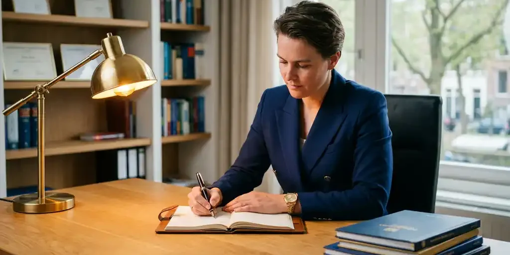 kantoor-professional-schrijven-notitieboek-bureau.jpg Professional schrijft met vulpen in notitieboek aan eikenhouten bureau, omringd door vakbladen en een brandende bureaulamp.
