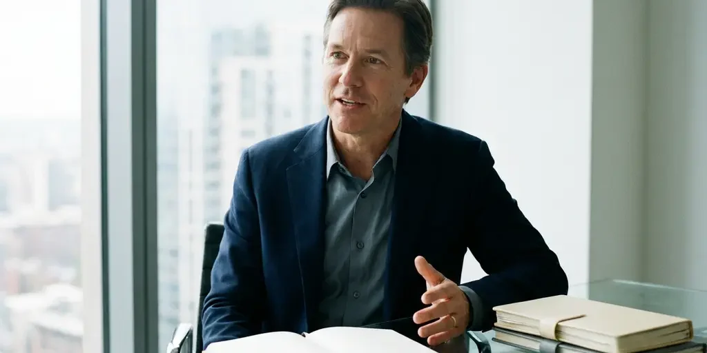 professionele-spreker-bureau-daglicht-autoriteit.jpg Professional aan glazen bureau spreekt met autoriteit, omringd door vakbladen en notitieboek, zacht daglicht vanuit raam op de achtergrond.