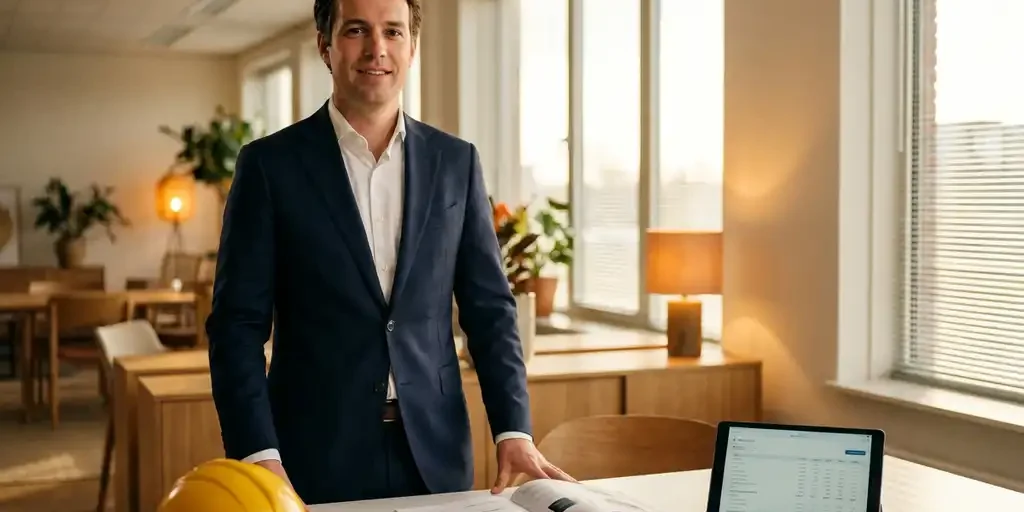 zakenman-kantoor-sectoren-industrie-professioneel.jpg Zakelijke professional in maatpak aan modern bureau met helm, stethoscoop, financieel rapport en tablet in Nederlands kantoor.