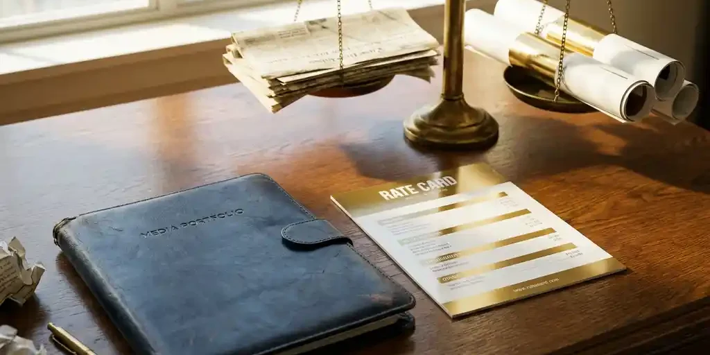 redactionele-advertentie-portfolio-vergelijking.jpg Leren mediaportfolio en advertentietariefkaart op donker eiken bureau, met vintage messing weegschaal die persknipsels en advertentiemockups balanceert.