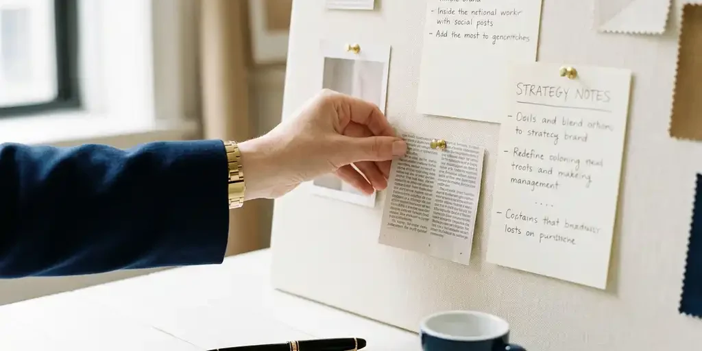 redactionele-strategie-moodboard-planning.jpg Hand die een krantenartikel vastpint op een redactioneel moodboard met strategienotities, pen en espresso op wit bureau.