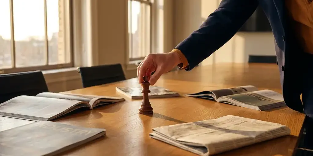 schaakstuk-strategie-bestuurskamer-professional.jpg Zelfverzekerde professional plaatst schaakkoning op eikenhouten vergadertafel met tijdschriften in warm middaglicht.