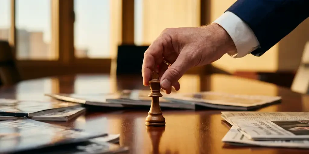 schaakstuk-strategie-boardroom-professional-leiderschap.jpg Professional plaatst een schaakkoning op een vergadertafel tussen vakbladen, warm goudkleurig licht door hoge kantoorvamen.