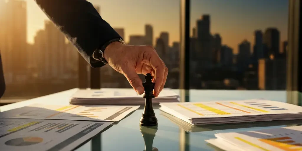schaakstuk-strategie-zakelijk-bureau-data.jpg Professionele hand plaatst schaakstuk op glazen bureau met datarapporten, stadsgezicht op de achtergrond in gouden middaglicht.
