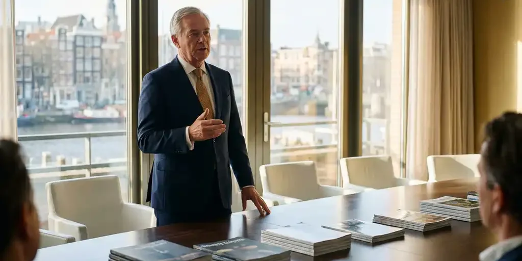 directeur-vergadering-amsterdam-kantoor-vakbladen.jpg Senior executive spreekt voor publiek aan vergadertafel met vakbladen, glazen kantoorwanden Amsterdam op achtergrond.