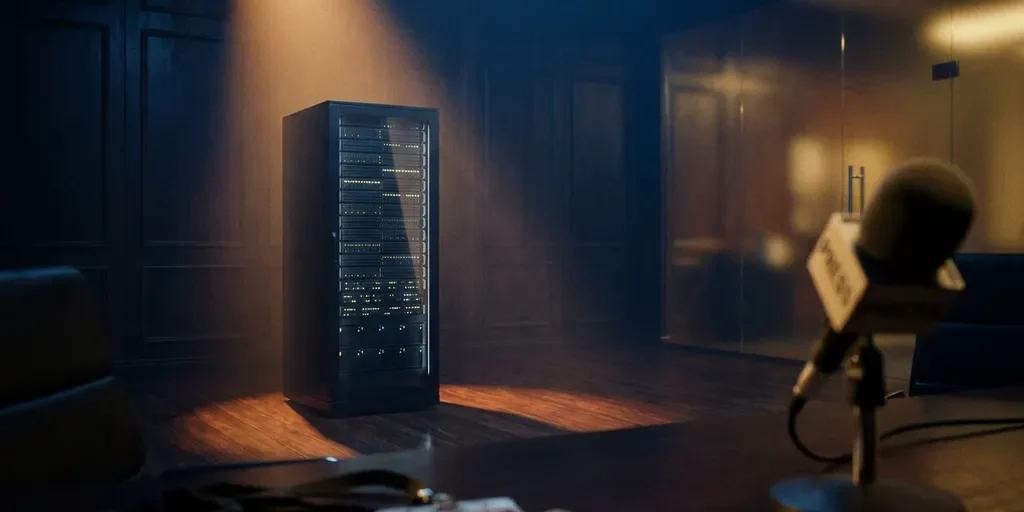 serverrack-spotlight-persconferentie-datacenter.jpg Spotlight verlicht een moderne serverrack op een glanzende vloer, met persbadges en microfoon op de voorgrond in warme amber- en staalblauw tinten.
