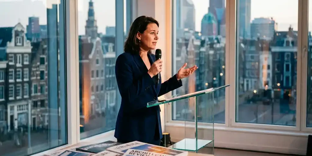 spreker-podium-amsterdam-kantoor-professioneel.jpg Spreker achter glazen podium in modern Amsterdams kantoor, verlicht door spotlight met stadsgezicht op achtergrond en opengeslagen vakbladen op tafel.