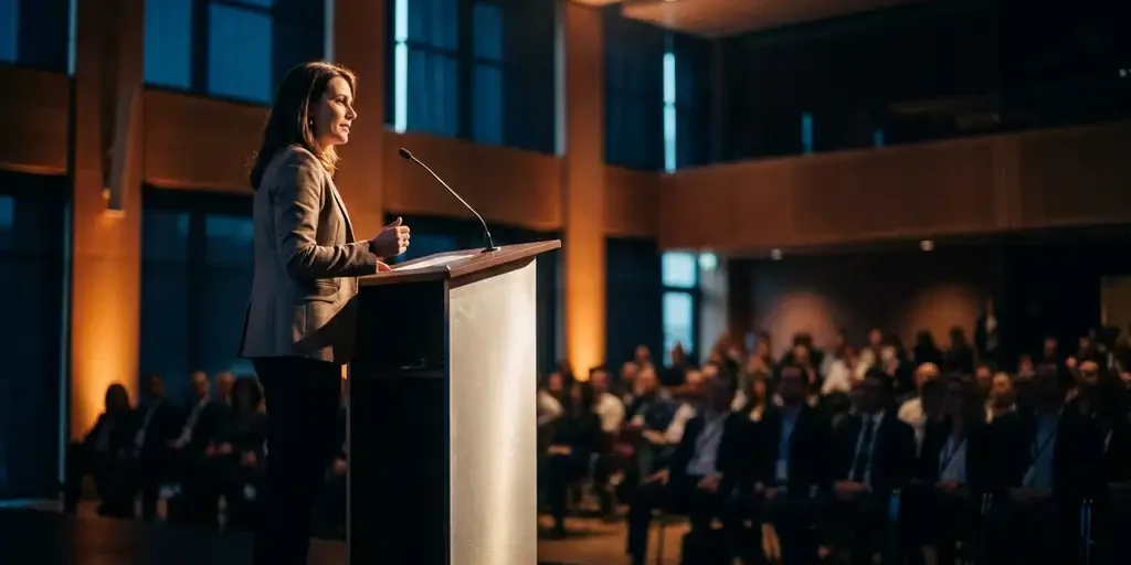 spreker-podium-conferentie-spotlight-zaal.jpg Zelfverzekerde spreker achter podium op modern verlicht congrespodium, met geselecteerd publiek op de achtergrond in elegante conferentiezaal.