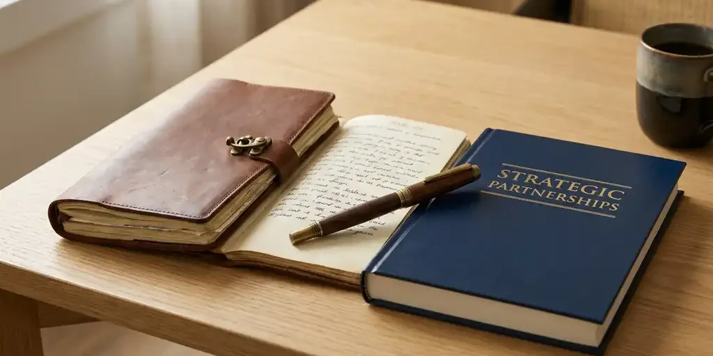 Leren notitieboek met handgeschreven aantekeningen en zakelijk boek op minimalistische bureau, vulpen erbovenop, warm natuurlijk licht.