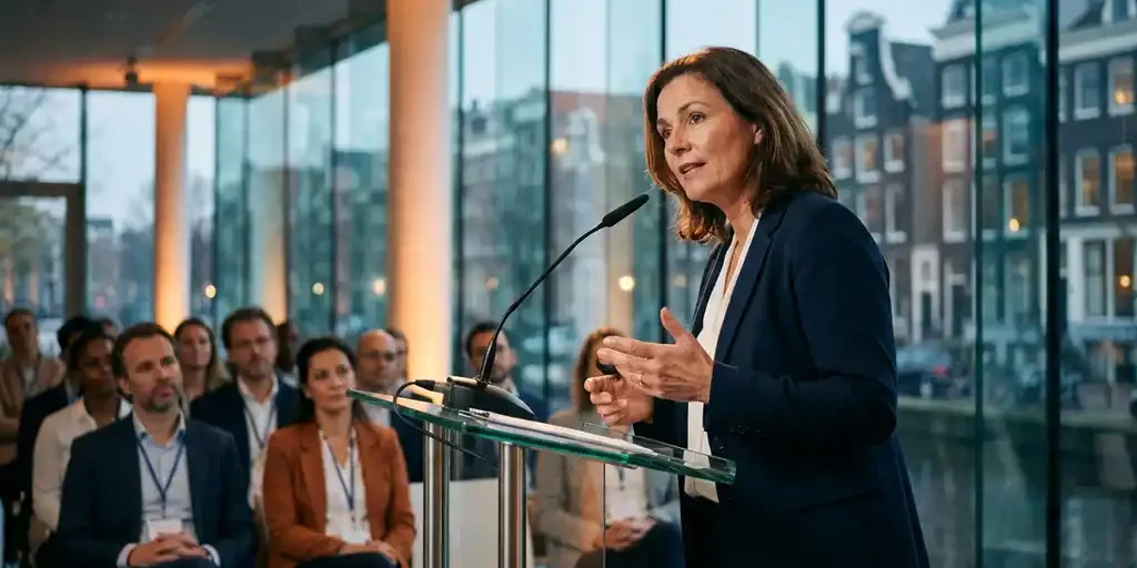 tech-executive-spreekt-conferentie-podium.jpg Tech-executive spreekt zelfverzekerd op glazen conferentiescène in modern Amsterdam-stijl kantoor, toeschouwers luisteren aandachtig.