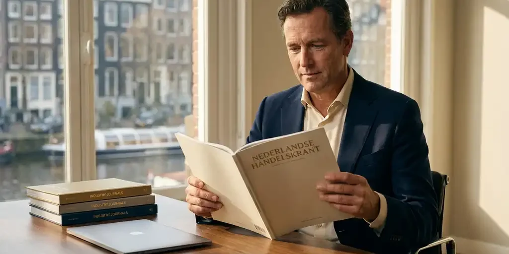 vakblad-lezen-zakenman-amsterdam-kantoor.jpg Zakenman leest vakblad aan modern bureau met uitzicht op Amsterdamse gracht, omgeven door stapels tijdschriften en laptop.
