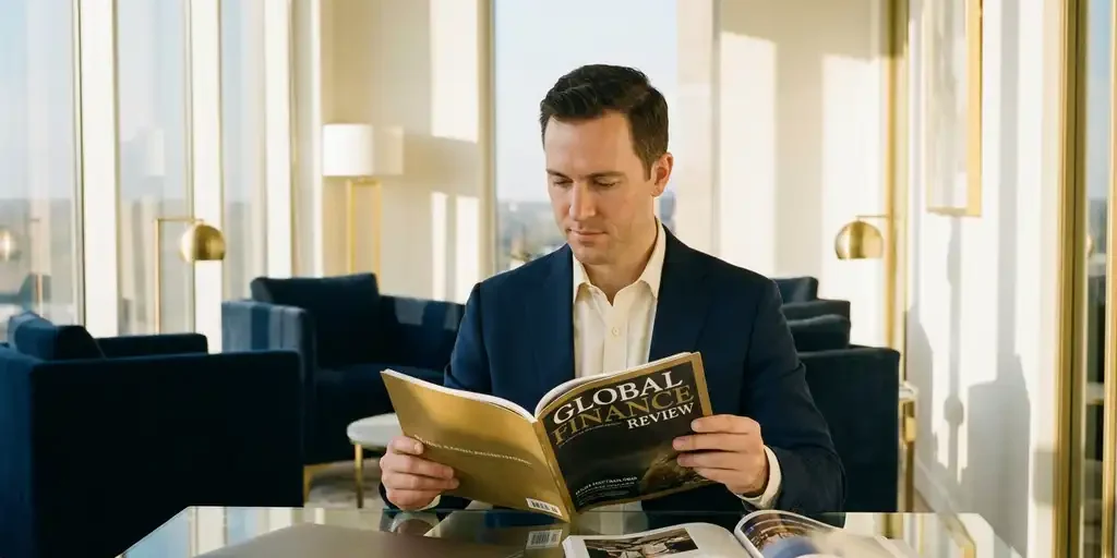Zakenman leest premium vakblad aan glazen bureau met laptop, warme middagzon door kantoorvensters.