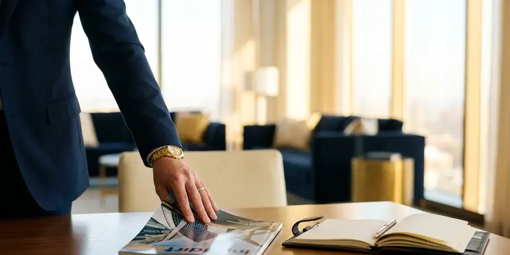 Professional legt vakblad op vergadertafel met leren notitieboek en pen, warm natuurlijk licht, B2B-sfeer.