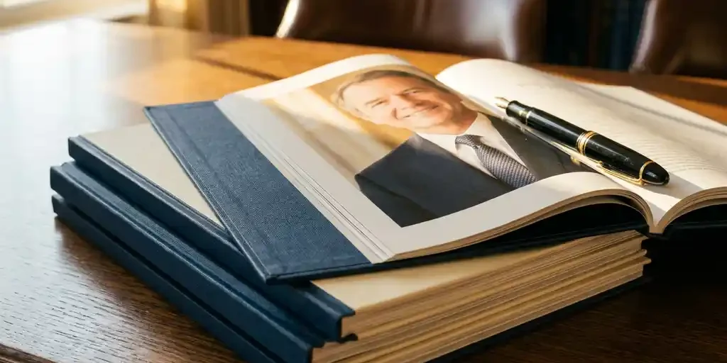 vakbladen-executive-bureau-gouden-licht.jpg Stapel opengeslagen vakbladen op donker eiken bureau met vulpen, bovenste magazine toont portret van een executive in warm middaglicht.